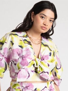 Eloquii Pink & Lime Floral Tie-Front Crop Top